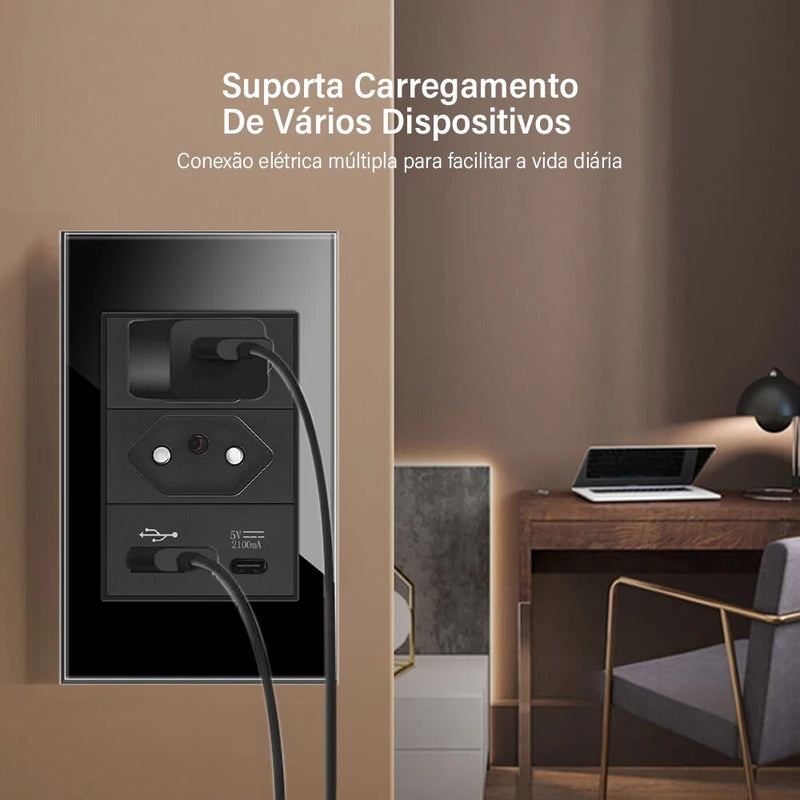 Tomada padrão preto vidro temperado dupla usb tipo c interruptor de luz parede suíça 10a