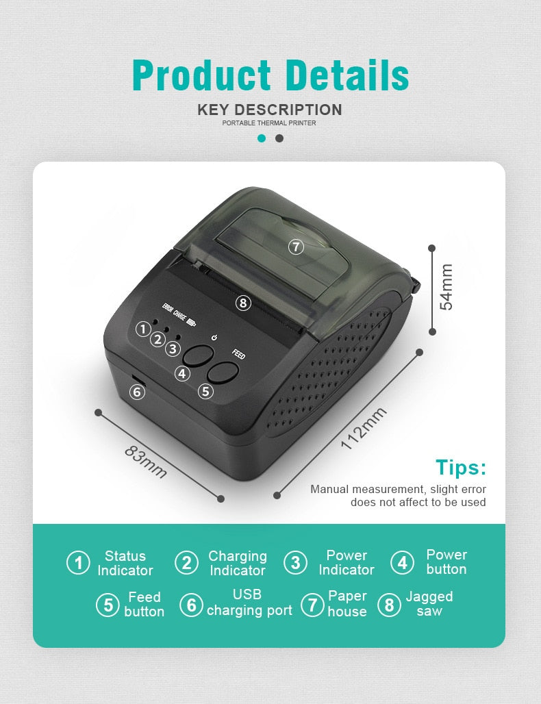 Impressora portátil via Bluetooth para recibos ou comprovantes